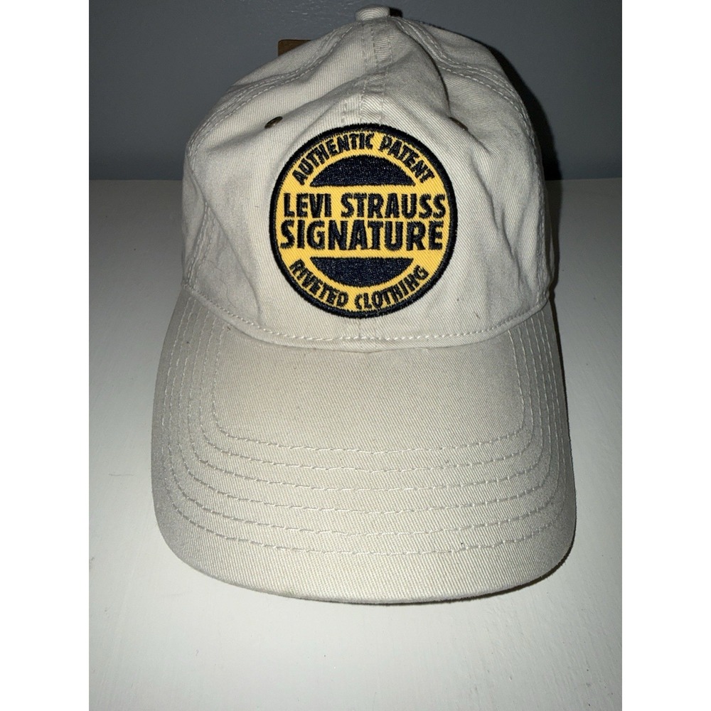 Vtg Levi Strauss Signature Hat Levis Baseball Cap Tan Leather Strap Back Adjusts